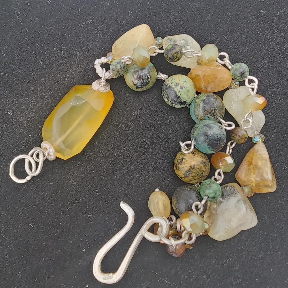 RAW CITRINE, AFRICAN TURQUOISE & CRYSTAL DANGLING HANDMADE BRACELET STERLING 6.5 - Picture 6 of 14